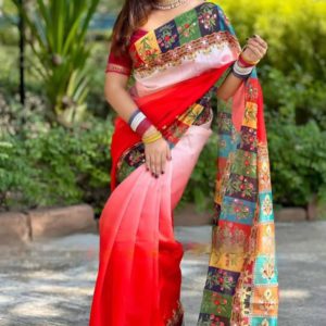 প্রিমিয়াম চাঁন্দেরি সিল্ক ডলার শাড়ি ও ব্লাউজ পিস (কোড-২) লাল