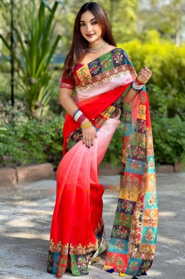প্রিমিয়াম চাঁন্দেরি সিল্ক ডলার শাড়ি ও ব্লাউজ পিস (কোড-২) লাল